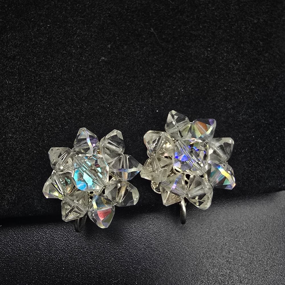 Aurora Borealis Glass Beaded Cluster Earrings Vintage Jewelry